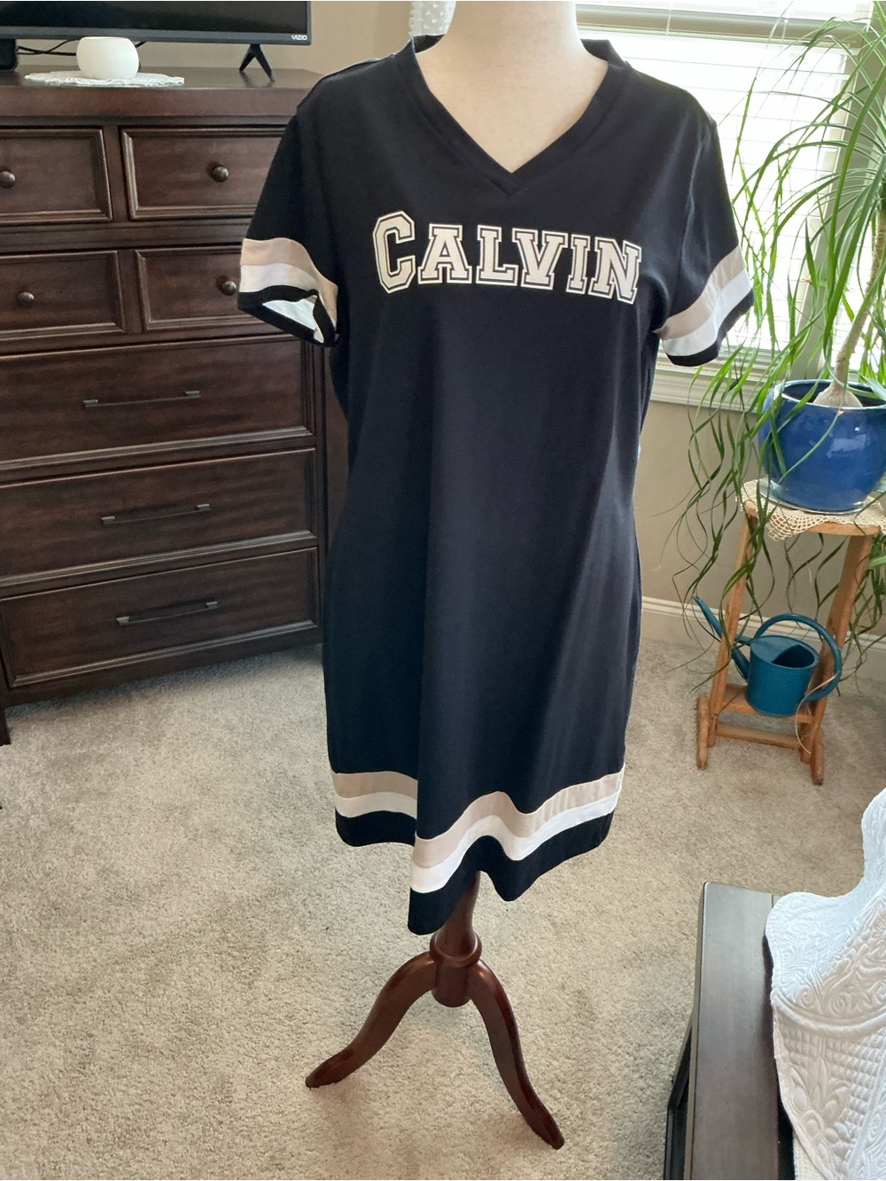 Calvin Klein Black V-Neck Logo Tee Dress with White Stripes
